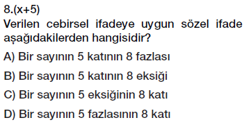 6. Sınıf Cebirsel ifade yazma testi çöz