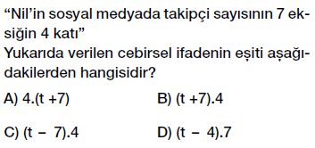 6. Sınıf Cebirsel ifade yazma testi çöz