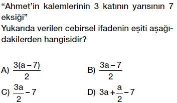 6. Sınıf Cebirsel ifade yazma testi çöz