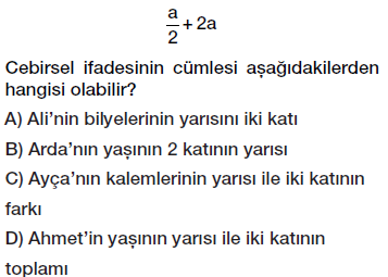 6. Sınıf Cebirsel ifade yazma testi çöz