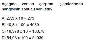6. sınıf ondalık kesirlerle çarpma işlemi testi çöz