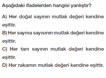 6.sınıf tam sayılar mutlak değer testi çöz
