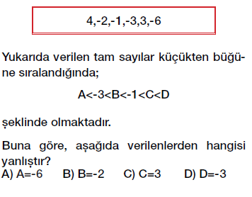 6. Sınıf Tam sayılar karşılaştırma ve sıralama testi çöz