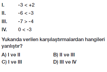6. Sınıf Tam sayılar karşılaştırma ve sıralama testi çöz