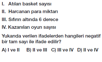 6. Sınıf Tam Sayıları tanıyalım ve sayı doğrusunda gösterelim testi çöz