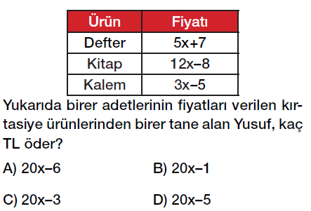 7. Sınıf Cebirsel ifadeler toplama ve çıkarma işlemi test çöz, pdf testi indir