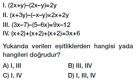 7. Sınıf Cebirsel ifadeler toplama ve çıkarma işlemi test çöz, pdf testi indir