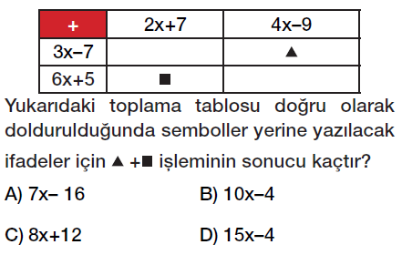 7. Sınıf Cebirsel ifadeler toplama ve çıkarma işlemi test çöz, pdf testi indir