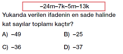 7. Sınıf Cebirsel ifadeler toplama ve çıkarma işlemi test çöz, pdf testi indir