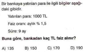 7. sınıf faiz problemleri testi çöz