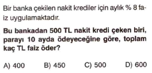 7. sınıf faiz problemleri testi çöz