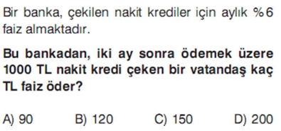 7. sınıf faiz problemleri testi çöz