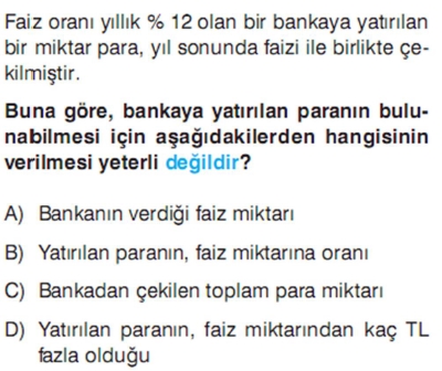 7. sınıf faiz problemleri testi çöz