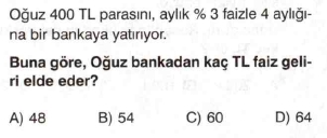7. sınıf faiz problemleri testi çöz