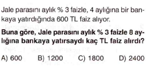 7. sınıf faiz problemleri testi çöz
