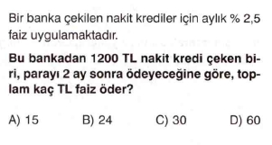 7. sınıf faiz problemleri testi çöz