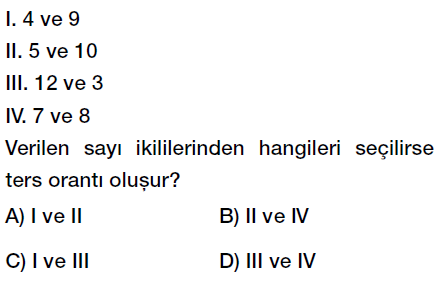 7. sınıf ters orantı testi çöz, ters orantı problemleri testi indir