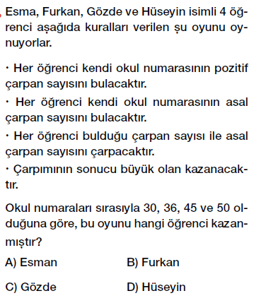 8. Sınıf çarpanlar ve katlar konusu asal çarpanlarına ayırma testi çöz
