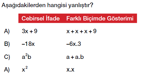 8. sınıf cebirsel ifadeler testi çöz